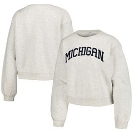 ZOOZATZ Women's ZooZatz Oatmeal Michigan Wolverines Core Chenille Cropped Pullover Sweatshirt 
