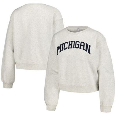 ZOOZATZ Women's ZooZatz Oatmeal Michigan Wolverines Core Chenille Cropped Pullover Sweatshirt 