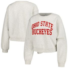 ZOOZATZ Women's ZooZatz Oatmeal Ohio State Buckeyes Core Chenille Cropped Pullover Sweatshirt 