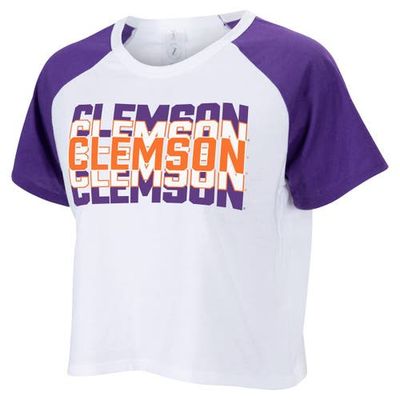 ZOOZATZ Women's ZooZatz White Clemson Tigers Colorblock Repeat Raglan Cropped T-Shirt 