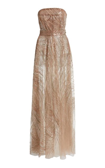 Zuhair Murad Zuhair Murad Embroidered Tulle Waves Strapless Maxi Dress Metallic FR 46