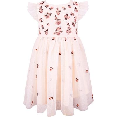 Zunie Zunie Embroidered Flutter Sleeve Mesh Dress