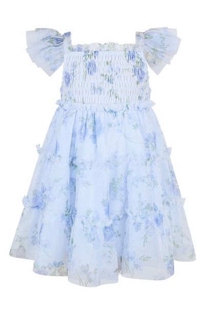 Zunie Zunie Flutter Sleeve Print Mesh Smocked Bodice Dress