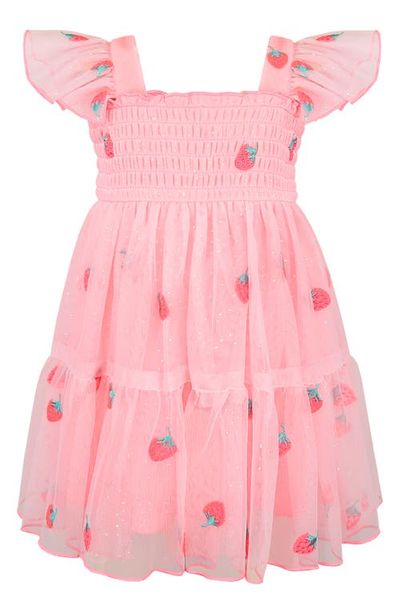 Zunie Zunie Flutter Sleeve Smocked Strawberry Embroidered Dress