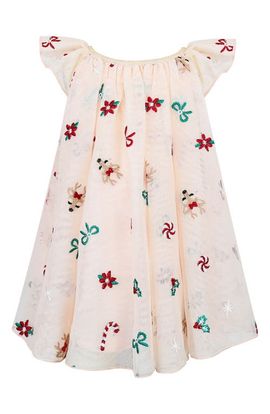 Zunie Zunie Holiday Icon Embroidered Flutter Sleeve Glitter Mesh Dress