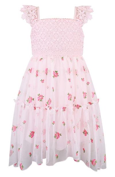 Zunie Zunie Kids' Crochet Bodice Embroidered Mesh Hi-Low Dress