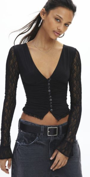 Kimchi Blue - Arabella Button Front Lace Top in Black, Women's at