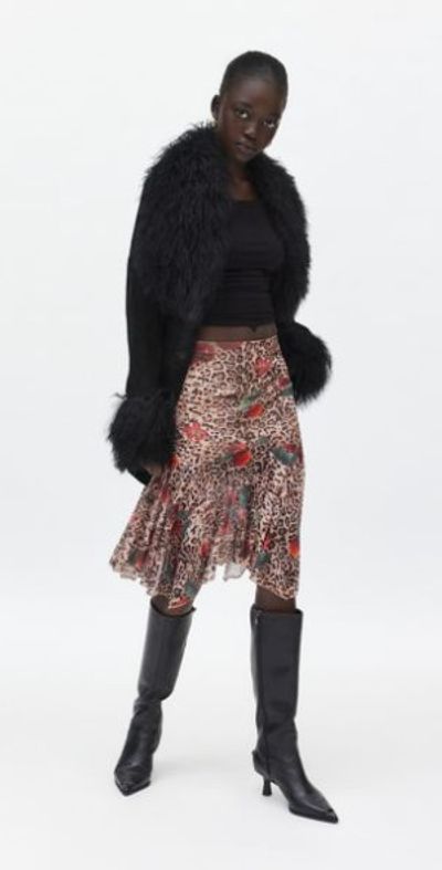 Kimchi Blue Tessa Mesh Asymmetrical Midi Skirt in Cherry Leopard