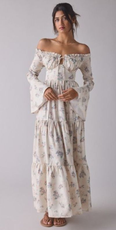 Kiss The Sky - Off-The-Shoulder Bell Sleeve Maxi Dress in Ivory Floral,  Women's at Urban Outfitters